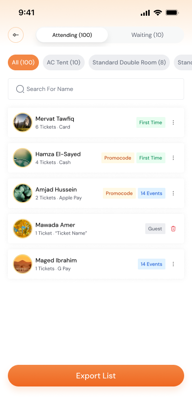 Meet'N'Train organizer app — live attendee list for checking members in at the door