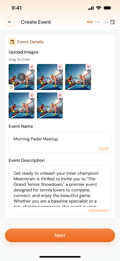 Meet'N'Train organizer app — creating and publishing an event from a phone