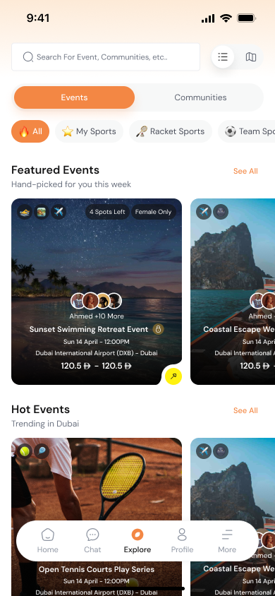 Meet'N'Train member app — Explore feed showing upcoming sessions nearby