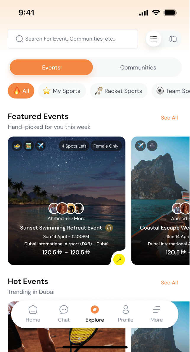 Discovering events and communities in the Meet'n'Train app